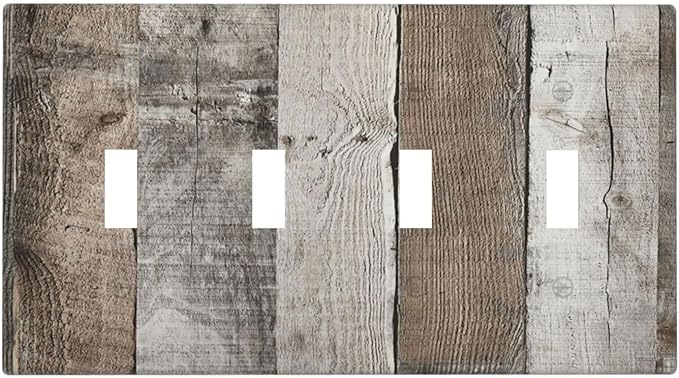 Natural Grey Wood Vintage Faux Wood Grain Light Switch Covers Quad Toggle Electrical Faceplate 4 Gang Wall Plate Decorative Switch Plates Cover for Farmhouse Home Decor