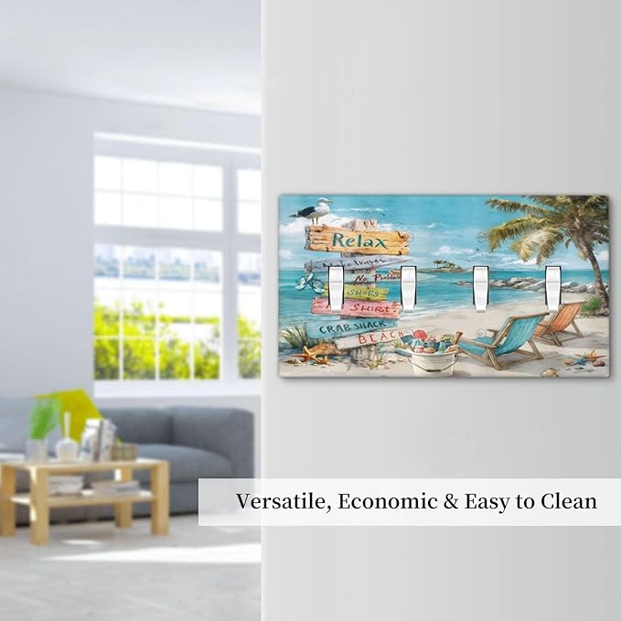 Ocean Beach Tropical Palm Tree Coastal Seaside Light Switch Covers Quad Toggle Electrical Faceplate 4 Gang Wall Plate Decorative Switch Plates Cover for Kids Room Living Room Decor
