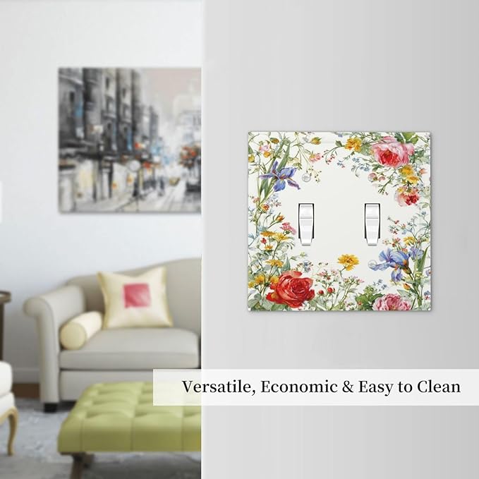 Decorative Light Switch Cover Plate Rustic Red Flower Garden Floral 2 Gang Outlet Covers Double Toggle Wall Plates for Electrical Switch Plate Covers Faceplate for Country Home Decor