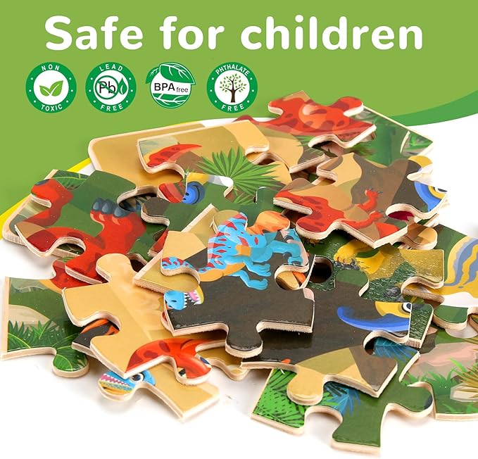 Wooden Puzzles Dinosaur Toys for Kids Ages 3-5, Set of 4 Packs with 20-Piece Wood Jigsaw Puzzles, Preschool Educational Brain Teaser Boards for Boys and Girls 3 4 5 6 Years Old