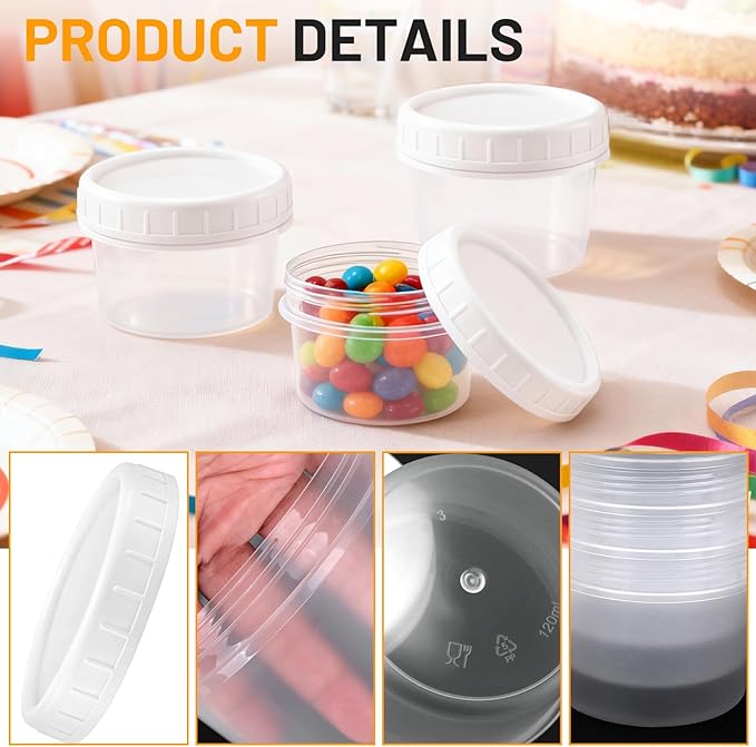 24 Pack 4 oz(120 ml) Food Storage Jars with Screw Lids, Reusable Small Refrigerated Jars, Small Plastic Freezer Storage Food Containers for Cake Jam Ice Cream Snack Sauce Soup