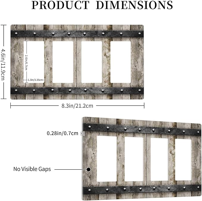 Rustic Vintage Brown Wood Plank 4 Gang Quad Rocker/GFCI/Decorator Light Switch Cover Plate Decorative Electric Faceplate Decorative Switchplate Screwless