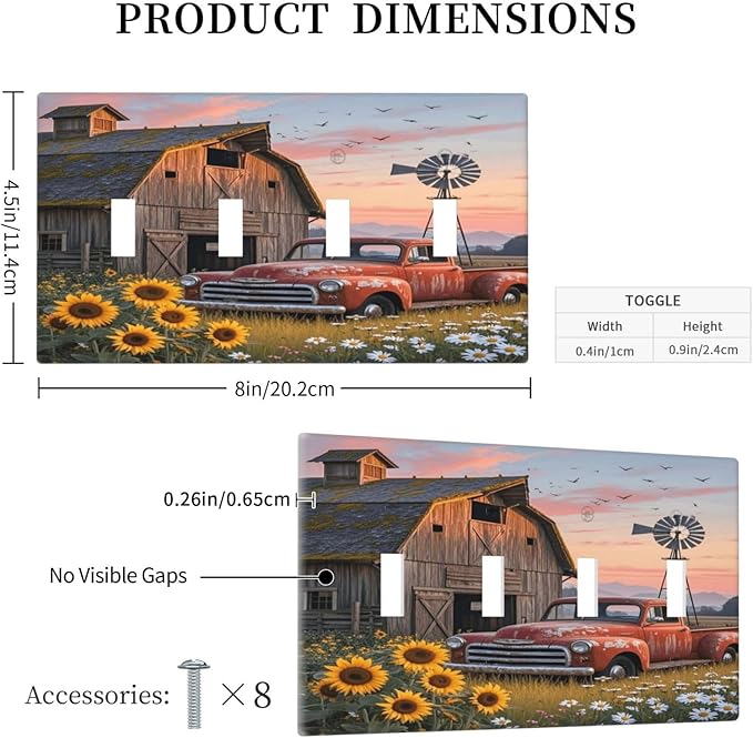Rustic Barn Red Truck Windmill Sunflower Light Switch Covers Quad Toggle Electrical Faceplate 4 Gang Wall Plate Decorative Switch Plates Cover for Farmhouse Home Decor