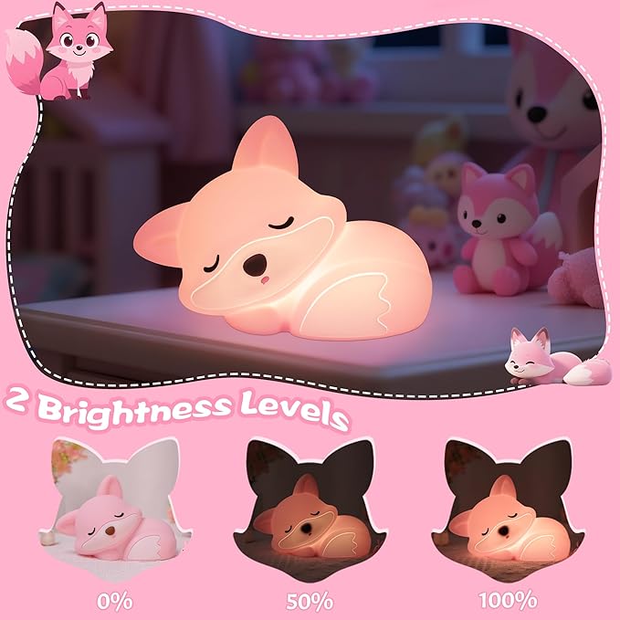 YuanDian Fox Night Light for Girls, Squishy Fox Silicone Lamp Novelty Gifts, Rechargeable Dimmable Timer Bedside Touch Nightlight for Breastfeeding Toddler Baby Kids