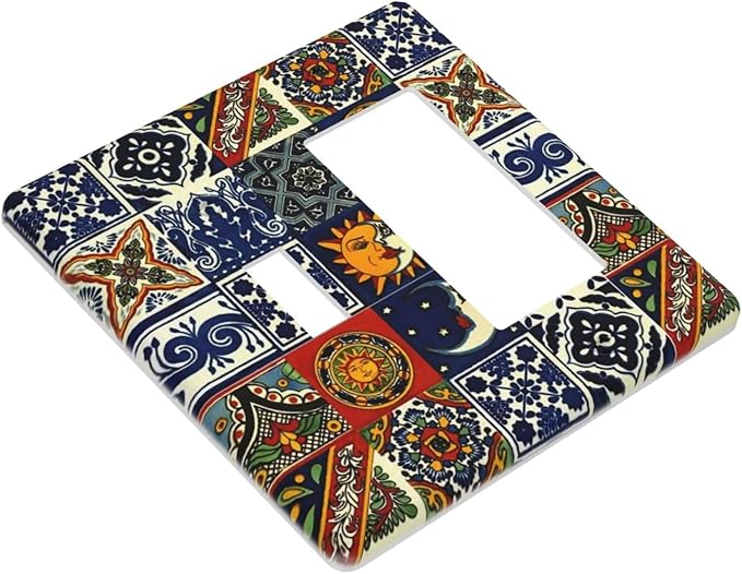Boho Moroccan Mandala Mexican Tiles 2 Gang Single Toggle/Decorator Combination Light Switch Cover Decorative Combo 1-Toggle/1-GFCI/Rocker Wall Plate Cover
