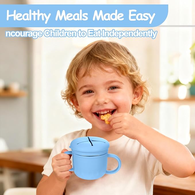 Toddler Snack Containers Stainless Steel Spill-Proof Snack Containers for Toddlers with Spill-Proof Silicone Lids and Handles 4-in-1 Baby Snack Cup is Dishwasher Safe for Easy use On The Go（Blue）
