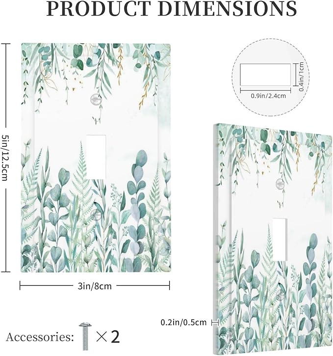 Boho Green Eucalyptus Leaf Floral Sage Flower Decorative Light Switch Cover 1 Gang Single Toggle Device Electrical Faceplate Switchplates Decorator Outlet Wall Plate for Bedroom Living Room Decor