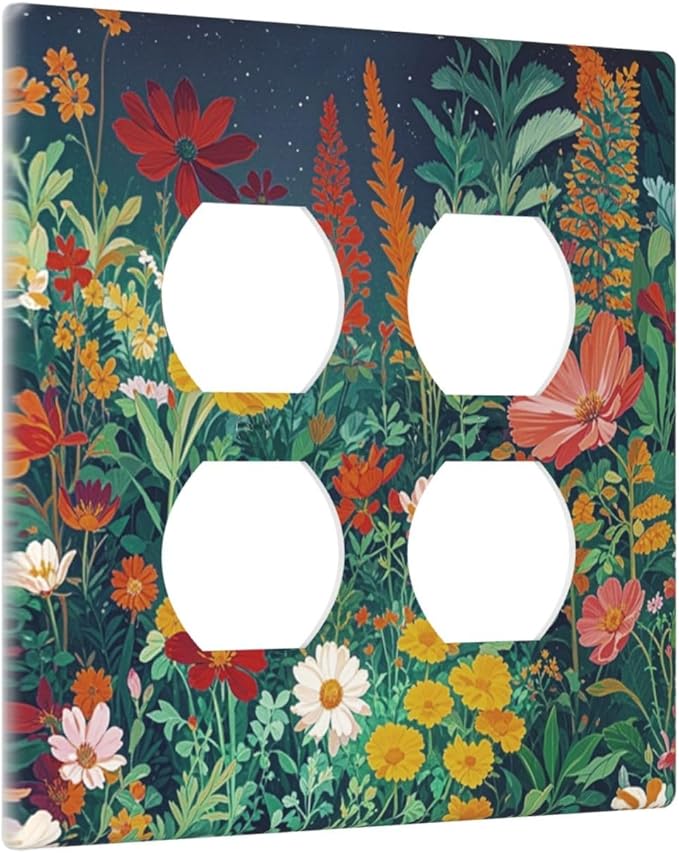 Decorative Outlet Covers with Wildflowers & Stars Botanical Floral Art Design 2 Gang Wall Plate Double Duplex Receptacle Light Switch Cover Switch Plate Cover for Garden Theme Wall Decor
