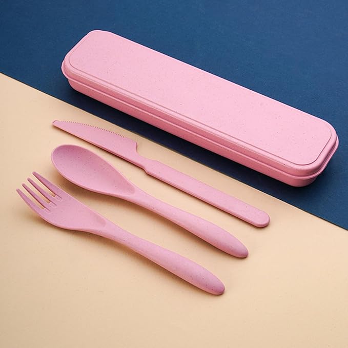 4 Sets Wheat Straw Utensils Reusable Travel Utensils Set,Portable Cutlery Set with Case Spoon Knife Fork Tableware Lunch Box Bulk for Adults Travel Picnic Camping Utensils Gifts (Pink)
