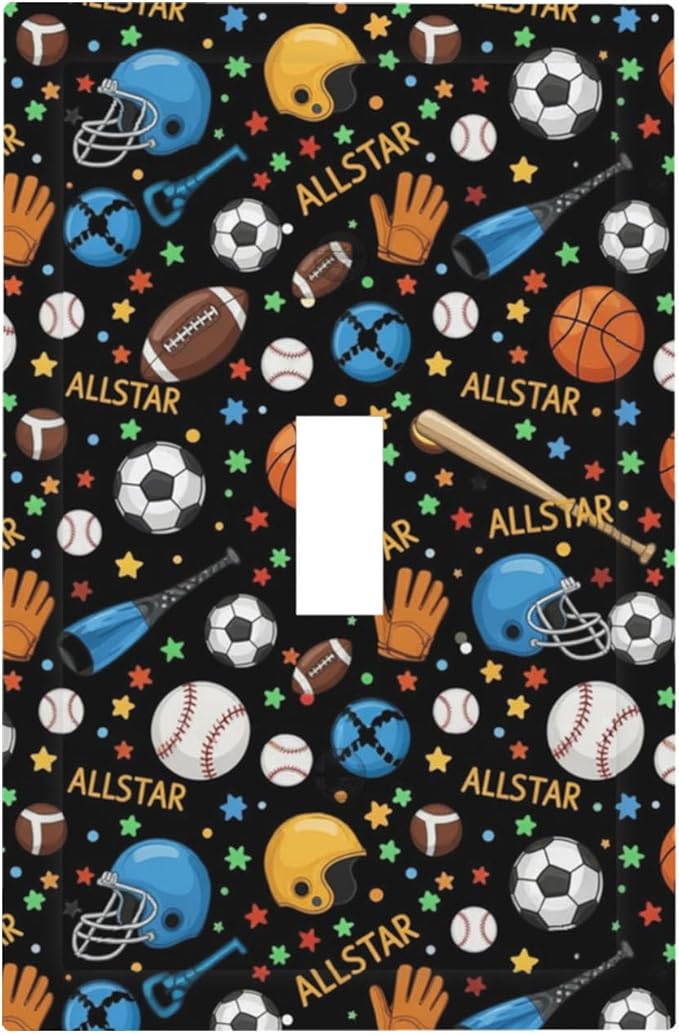 All Star Sports 1-Gang Toggle Light Switch Plate, Multi-Sport Football Baseball Basketball Decorative Wall Plate for Boys & Girls Room
