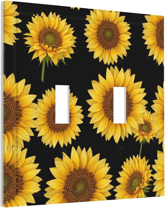 Sunflower Fields Double Toggle Switch Cover - 2-Gang Standard US Size Vibrant Sunflower on Black Light Switch Covers, Boho Sunny Garden for Bedroom Decor