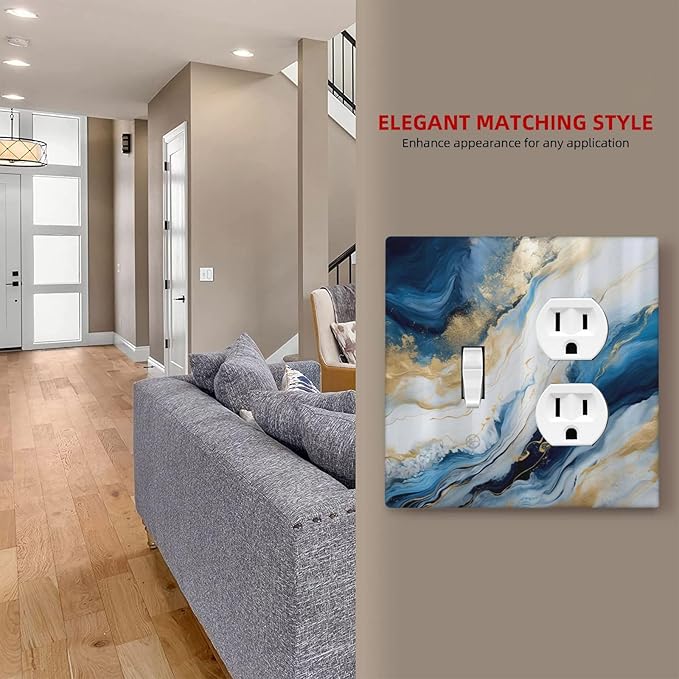 Decorative Outlet Covers Abstract Blue Granite Luxury Watercolor Marble Texture Print 2 Gang Wall Plate Cover Single Toggle Duplex Combo Two Switch Light Switch Cover Plate Jumbo Face Plate