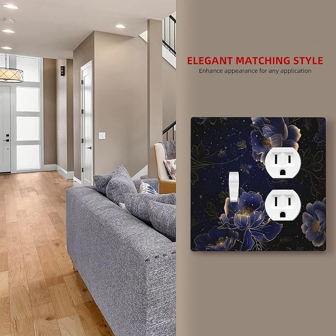 Navy Blue Floral Vintage Flower Dark Watercolor Wallplates 1 Toggle 1 Duplex Switch Plate Electrical GFCI Faceplate Decorative Light Switch Covers for Bedroom Living Room Decor