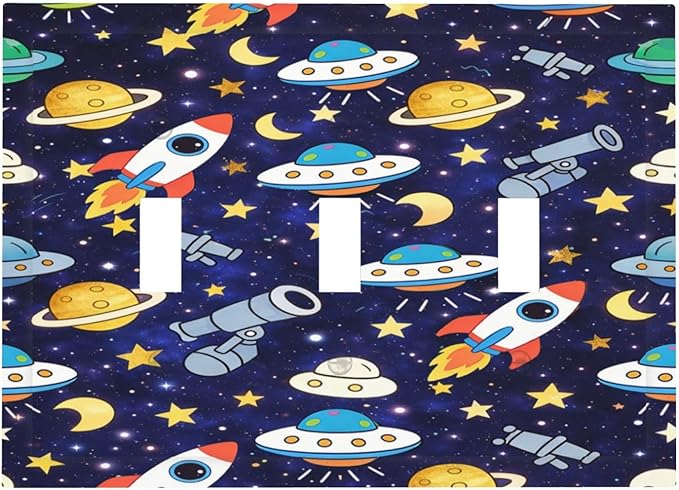 Decorative Light Switch Cover Plate Space-themed Rocket Spaceship 3 Gang Wall Plates for Electrical Triple Toggle Switch Plate Covers Outlet Covers Faceplate for Children's Room Decor