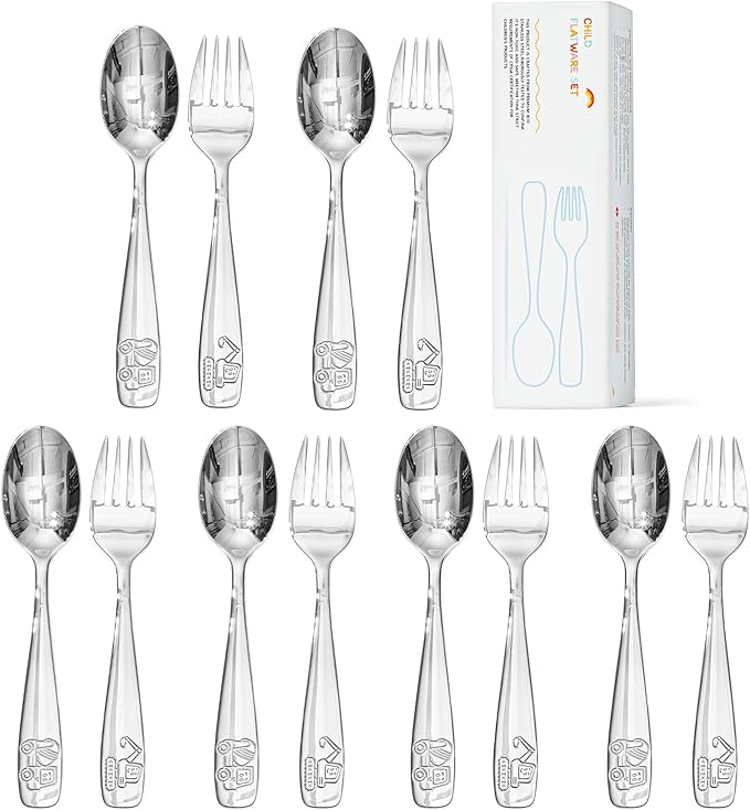 KINGSTONE Kids Utensils Set, 12 Pieces 18/10 Stainless Steel Kids Silverware - 6 Forks & 6 Spoons, Food-Grade, Construction, Digger & Dump Truck Engraved, Dishwasher Safe for Families/Schools