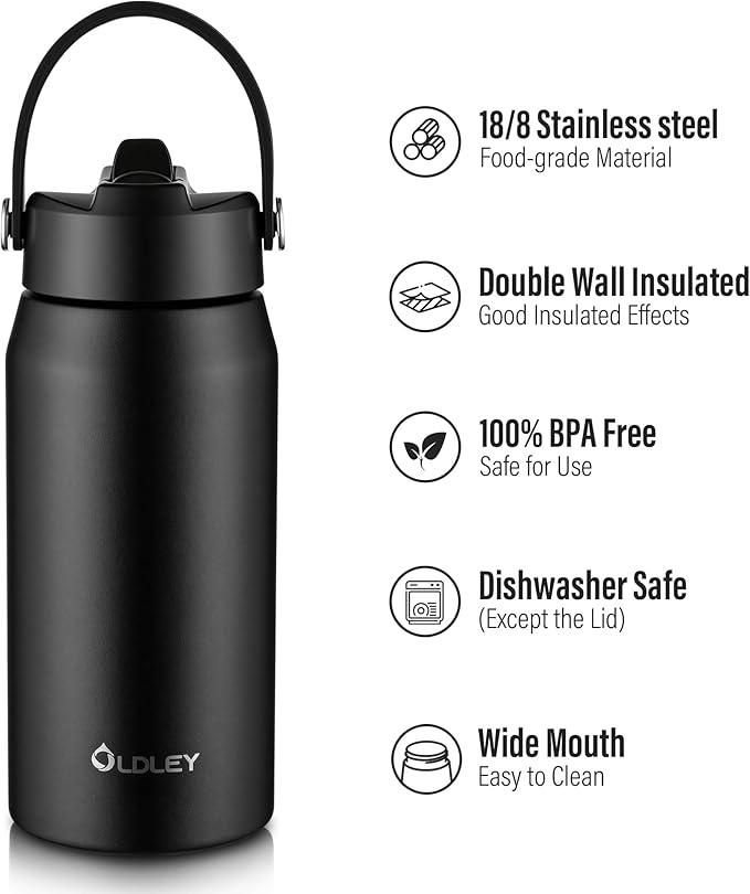 Oldley 18oz Insulated Water Bottle with Straw, Stainless Steel Water Bottle for Sports, Travel, School, BPA-Free Sports Bottles for Adult Kids, Leak-Proof, Black
