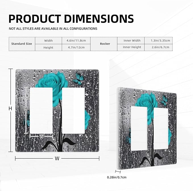 Aqua Blue Grey Raindrops Rose Floral 2 Gang Screwless Double GFCI Decorator/Rocker Outlet Light Switch Covers Woman Elegant Pretty Teal Flower Decorative Dual Device Receptacle Face Wall Plate Cover