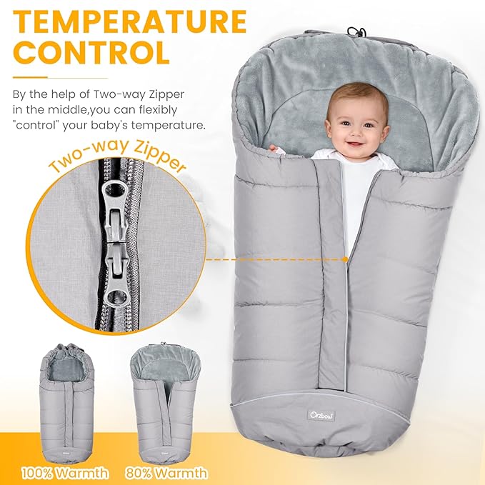 Orzbow Universal Stroller Footmuff, Winter Baby Bunting Bag for Stroller - Baby Sleeping Bag with Coral Fleece Lining for Cold Weather, Water-Repellent, Winter Must Have for Toddler Kids, Light Grey