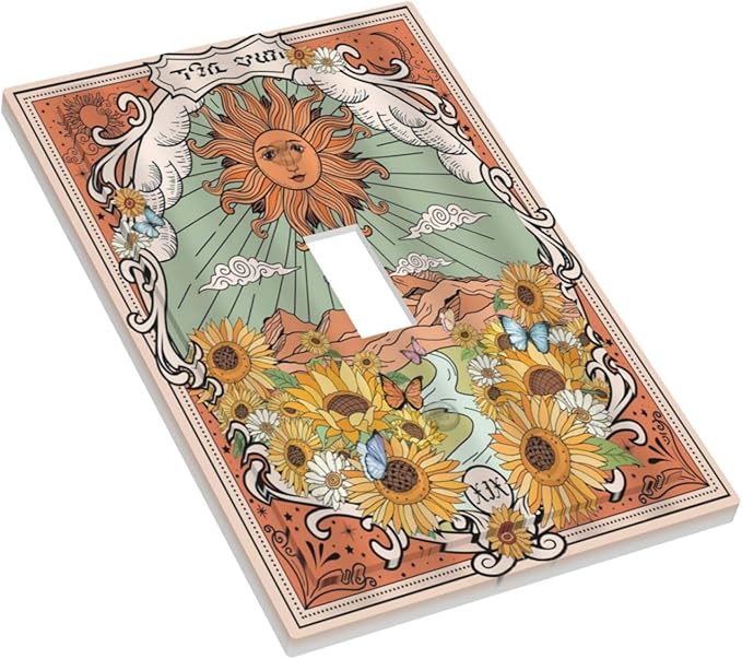 Boho Retro Sun Sunflower Vintage Flower Butterfly Decorative Light Switch Cover 1 Gang Single Toggle Device Electrical Faceplate Switchplates Decorator Outlet Wall Plate for Farmhouse Home Decor