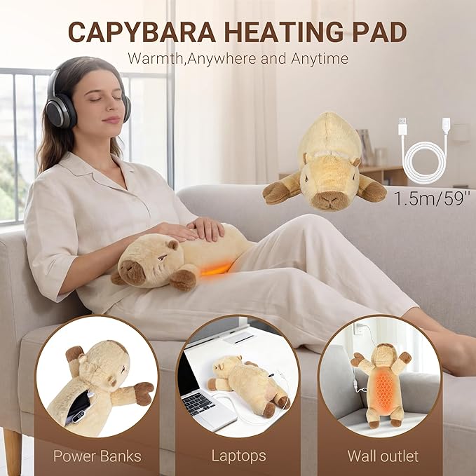 Capybara Heating Pad for Period Cramps,Menstrual Pain Relief,Cute Stuffed Animal Electric Heating Pad Plush,USB Powered Heated Plush Toy,Portable Warm Cushion Gift for Mother Women Teen Girls,Brown