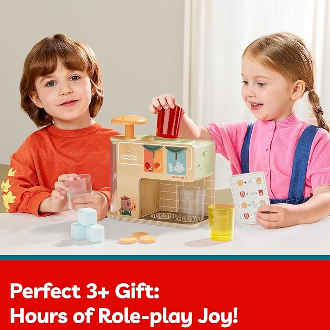TOP BRIGHT Wooden Drink Dispenser Pretend Play Toys, Play Food Sets for Kids Kitchen with Cups, Juice Inserts, Ice Cubes, Montessori Toys for Boys Girls Capybara Gift Age 3+