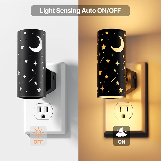 LED Night Lights Plug into Wall, 2-Pack 3000K Bright Plug in Nightlight, Dusk-to-Dawn Sensor, Dimmable 0-100LM, Auto-On/Off, Home Decor for Kids Room, Bathroom, Hallway, Bedroom, Black Stars