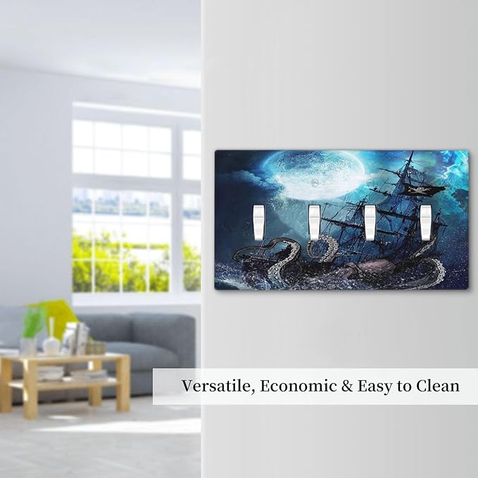 Moon Ocean Nautical Octopus 4 Gang Device Light Switch Cover Decorative Quad Toggle Wall Plate Decorative Electrical Faceplate for Home Bedroom Art Decorate