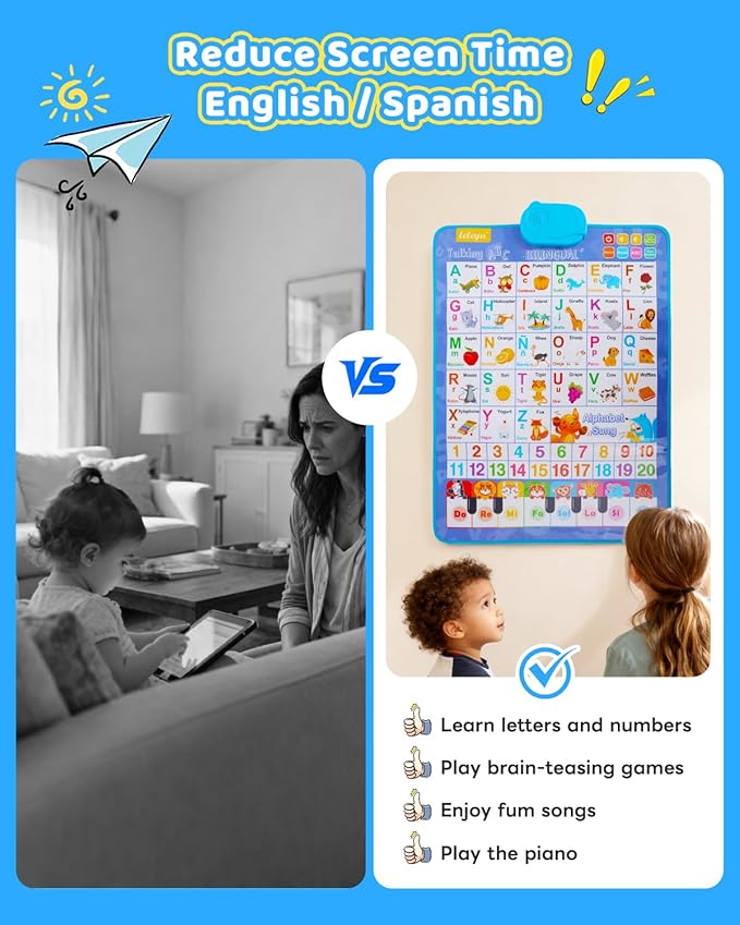 Spanish Alphabet Talking Wall Chart for Toddlers 1-6, Bilingual Learning Poster with English Translation, ABC 123 Learning Poster, Interactive Musical Toy, Educational Gift for Kids 3+ & Autism