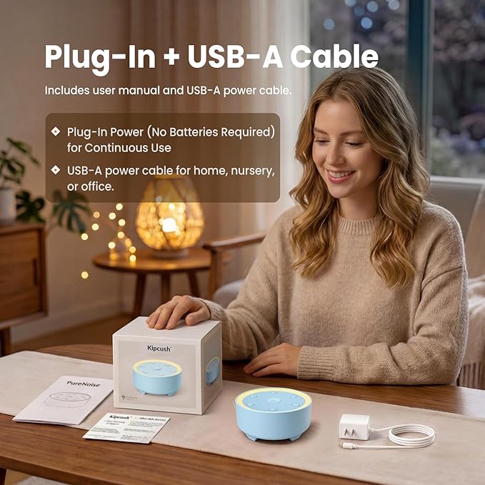 Kipcush Baby & Kids White Noise Sound Machine w/Night Light, 21 Non-Looping Sounds, 6 Timers (15-120 min & 8H), Memory, USB Powered for Nursery, Home & Travel