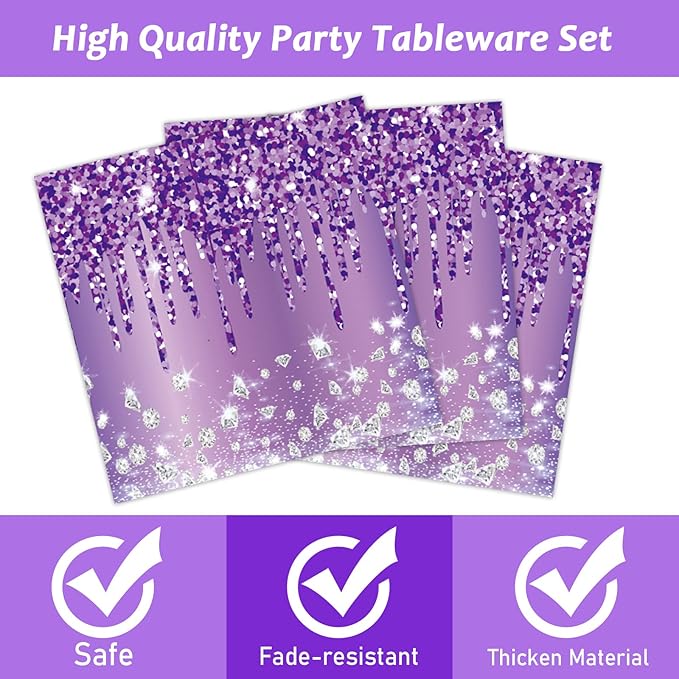 96 Pcs Purple Silver Tableware Set for Birthday Party Decor Disposable Dessert Plates Napkins Forks for 24 Guests Elegant Purple Tableware for Women Girls Baby Shower Bridal Shower Party Supplies