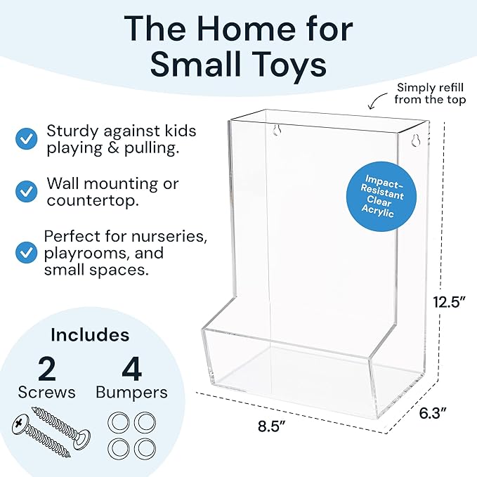 SimplyImagine Single Acrylic Toy Dispenser for Kids - High-Volume Toy Foam Blasters, Car & Building Block Storage Bin - Wall Mount or Countertop Clear Hanging Organizer for Nursery & Playroom