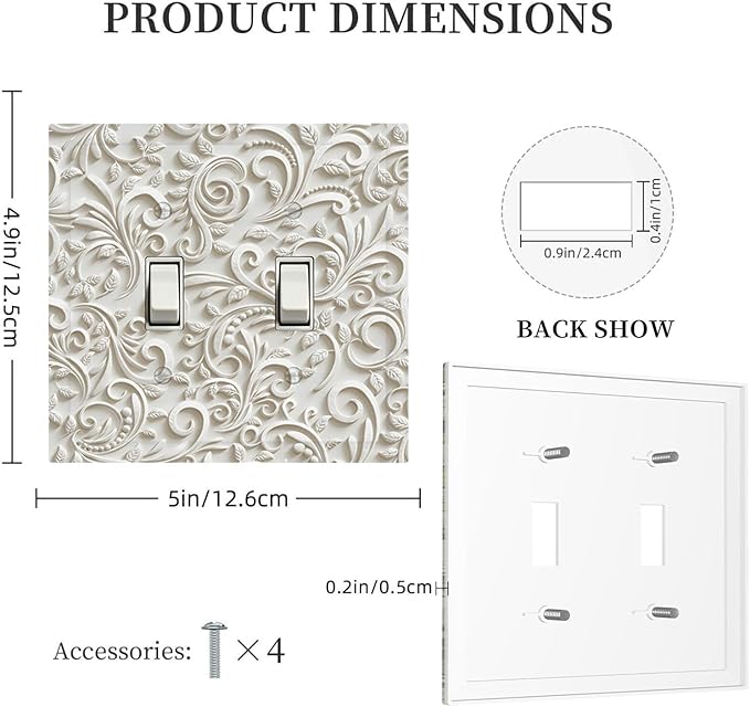 White Floral Vine 2-Gang Double Toggle Wall Plate, French Scroll Printed Pattern Light Switch Cover, Neutral Farmhouse Decor for Bedroom Bathroom Living Room