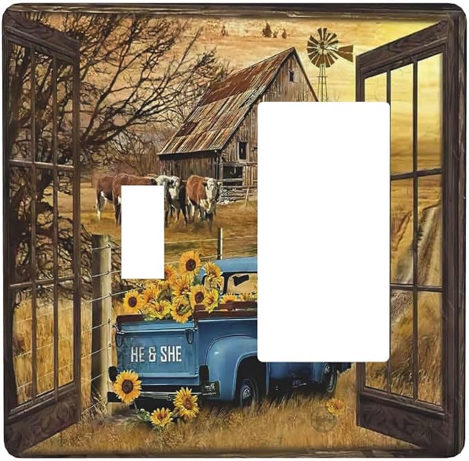 Fall Western Farmhouse Cow 2 Gang Single Toggle Rocker Combination Light Switch Cover Barn door Blue Truck Decorative Wall Plate Cover Electrical Faceplate for Bathroom Bedroom Home Kitchen Decorate