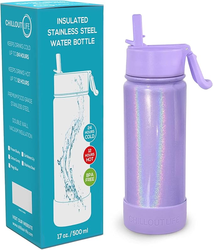 CHILLOUT LIFE 17 oz Kids Insulated Water Bottle with Straw Lid Leakproof and Cute Waterproof Stickers, Personalized Stainless Steel Thermos Flask Metal Water Bottle, Purple Sparkle