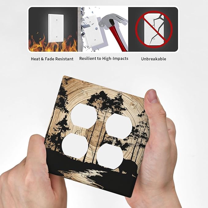 Rustic Forest Antler Black Bear Deer Silhouettes Outlet Covers 2 Gang Double Duplex Decorative Light Switch Covers Electrical Wallplates Socket Faceplate for Farmhouse Home Decor