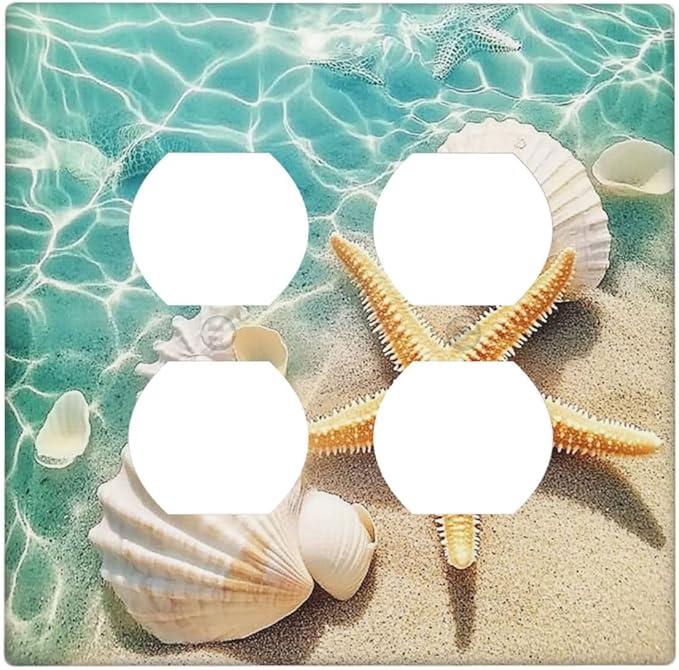 Outlet Covers Sea Shells And Star Fish In Ocean Beach 2 Gang Double Duplex Decorative Light Switch Covers Electrical Wallplates Socket Faceplate For Bathroom Home Decor