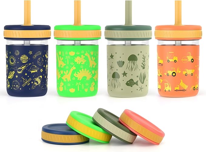 Sursip Toddler Glass Sippy Cups, Kids Baby 12 oz Spill-Proof Water Tumbler with Straw and Lids, Smoothie Snack Mason Jar For Travel School or At Home, 4 Packs