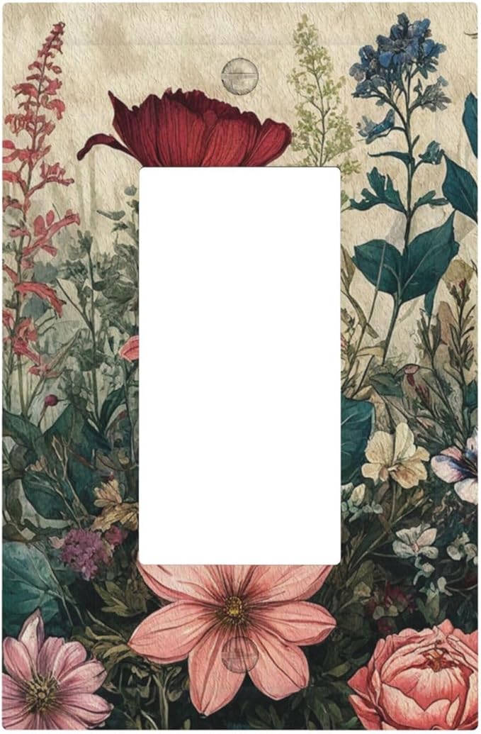 Decorative Outlet Covers Rustic Wildflower Red Floral Green Plant 1 Gang Single Decora GFCI Device Light Switch Covers Plate 1 Rocker Wall Plate Jumbo Face Plate for Switch Decor