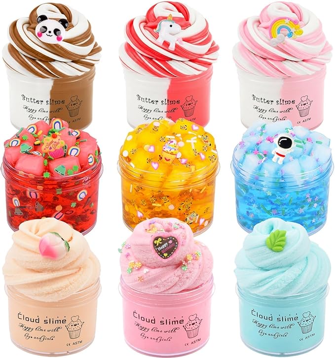 9 Pack Slime Kit with 3 Jelly Cube Crunchy, 3 Butter & 3 Cloud Slime, Non-Sticky DIY Sensory Toys for Kids, Stress Relief Birthday Gift & Party Favor, Classroom Treat Bags