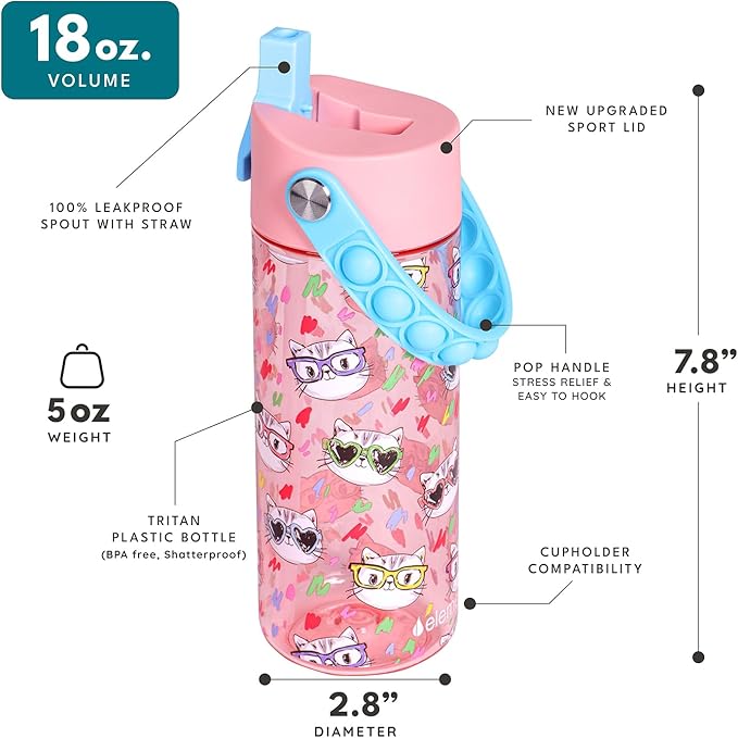Elemental Water Bottles for Kids - Splash Kids Water Bottle for School with Pop-it Handle - BPA Free Tritan Plastic Water Bottle with Straw Leak Proof when Spout is Closed -Stylish Cat - 18oz