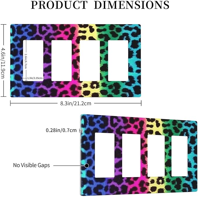 Rainbow Leopard 4 Gang Quad Rocker/GFCI Light Switch Wall Plate Cover Plate Decorative Electrical Faceplate for Colourful Leopard Bathroom Room Decorate Jumbo Size Screwless 8.3" x 4.6