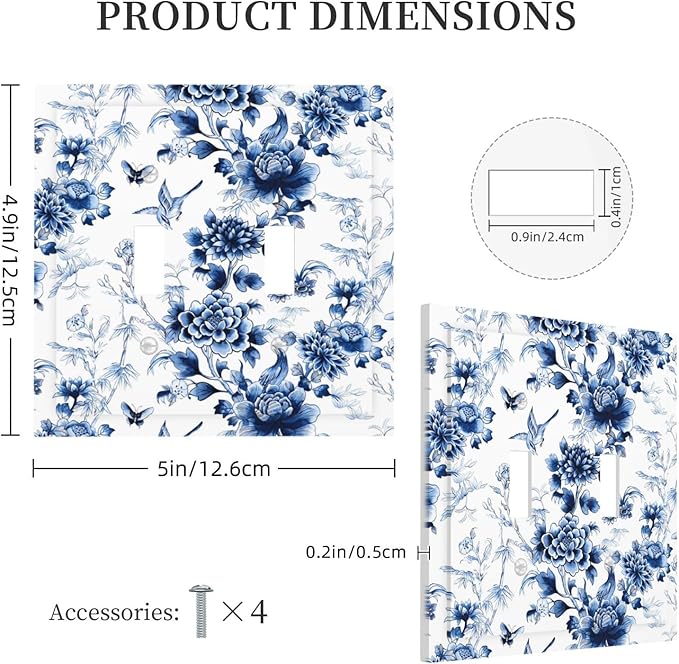 Blue Flower White Floral Plant Bird Butterfly Decorative Switch Plates 2 Gang Double Toggle Outlet Light Switch Cover Wall Plate Electrical Faceplate for Bedroom Living Room Decor