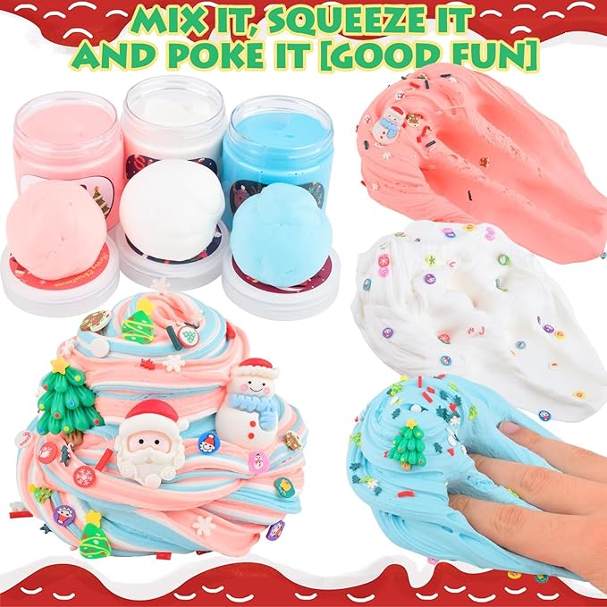 3 Pack Christmas Butter Slime Kit for Kids, Scented Slime with Santa Claus, Snowman, Christmas Tree Charm, Soft, Non-Sticky, Goodies Bag Toy for Party Favors, Birthday Gifts for Girl Boy