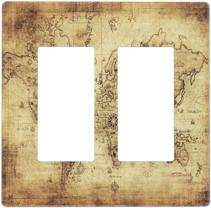 Old World Ocean Map 2 Gang Double Rocker/Decora Light Switch Cover Decorative Outlet Wall Plate Electrical Faceplate Home Family Art Decor Screwless