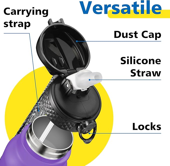 Han's Bottle Sports Water Bottle - 24 Oz, Straw Lid, Leak Proof, Vacuum Insulated Stainless Steel, Double Walled, Thermo Mug,Purple