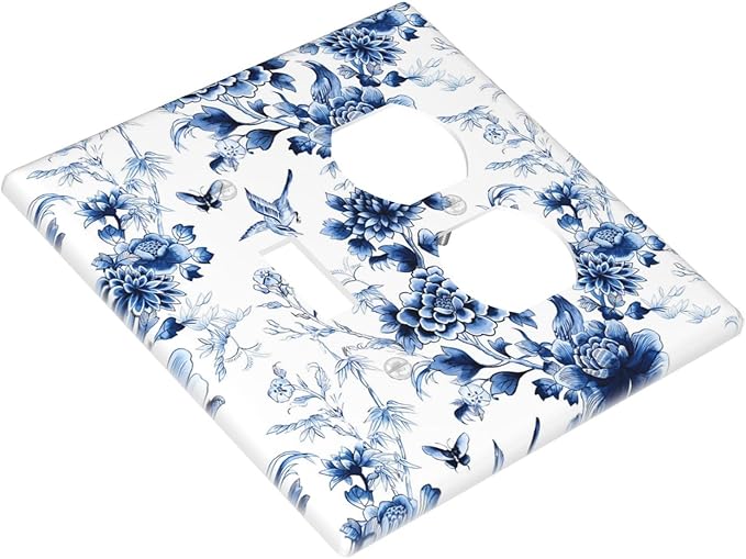 Blue Flower White Floral Plant Bird Butterfly Wallplates 1 Toggle 1 Duplex Switch Plate Electrical GFCI Faceplate Decorative Light Switch Covers for Bedroom Living Room Decor