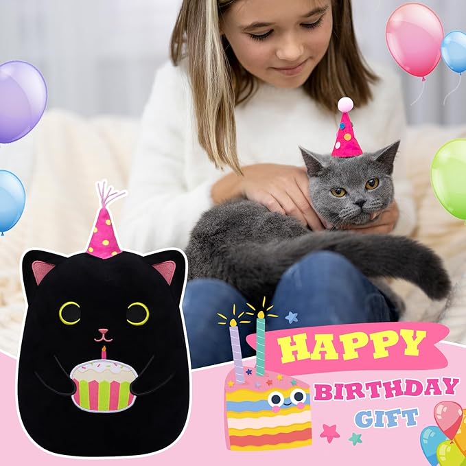 Cat Plush Birthday Gift for Kids Adults, 14inch Black Cat Plush Pillow Cute Stuffed Animal, Kawaii Plushie Cuddle Pillow Birthday Gift for Kids Boys Girls