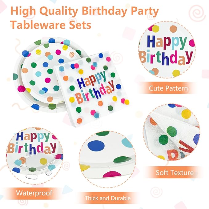 Happy Birthday Plates and Napkins Party Supplies Set,90Pcs Birthday Plates and Napkins Tableware Sets with Forks Cups,Disposable Colorful Birthday Party Decorations