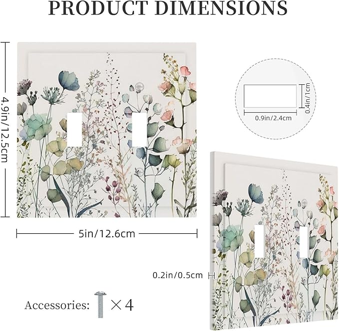 Tan Colorful Watercolor Flower Toggle Light Switch Cover 2-Gang Rustic Blue Color Boho Floral WildFlower Blossom Electrical Decorator Dual Device Face Wallplate Decorative Double Switch Plate Covers