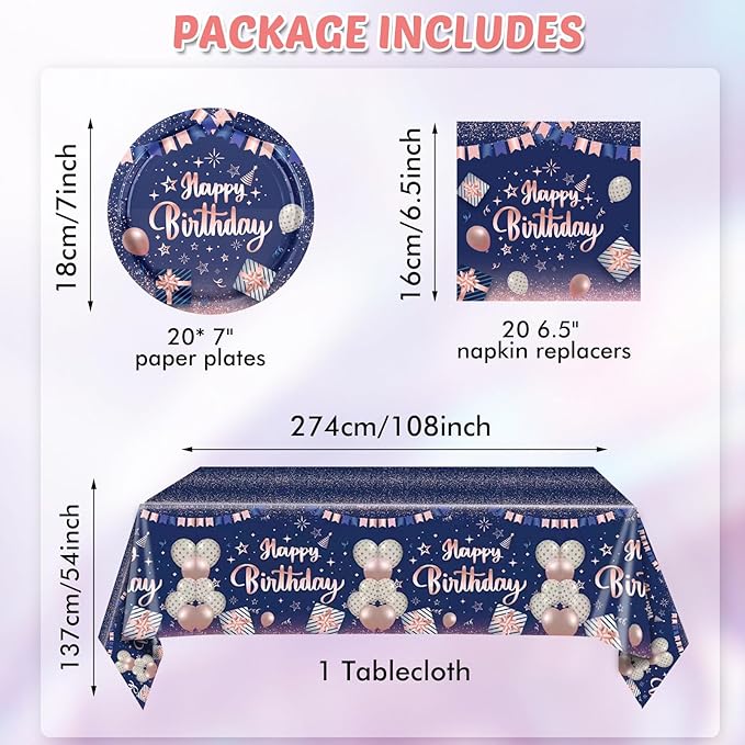 41Pcs Navy Blue Rose Gold Birthday Decorations Happy Birthday Party Tableware Set Include Paper Plates Napkins and Plastic Tablecloth Disposable Dinnerware Decorations for Women Men Party Table Decor